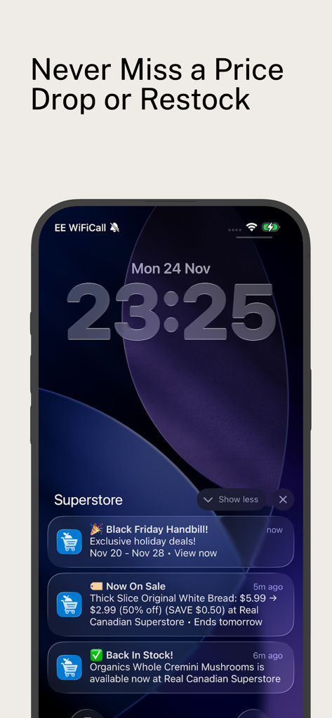 Real Canadian Superstore Deals - 스마트폰 잠금 화면에 식료품 가격 하락 및 재고 복귀 알림 표시