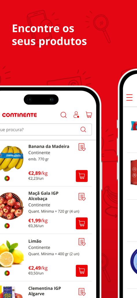 Continente Online app product search results for fresh fruit