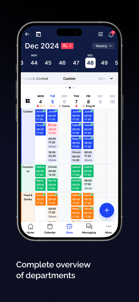 Interface d'application mobile SameSystem affichant un aperçu hebdomadaire des horaires de travail pour divers départements, y compris la caisse et les cosmétiques.