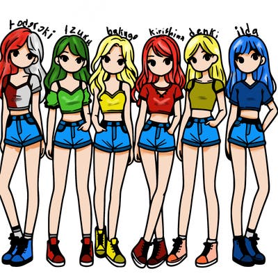 a group of girls wearing crop tops and shorts