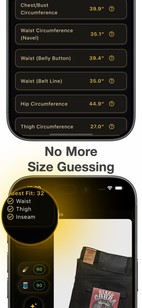 Outfit Generator - Vinchy - Interface of the Vinchy app showing detailed body measurement inputs and a best fit recommendation for clothing.