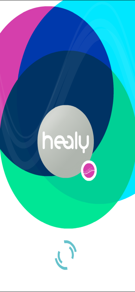 Healy - Healy app splash screen featuring the brand logo on a background of vibrant overlapping circles and a loading animation.