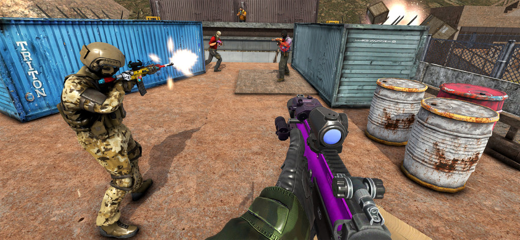 Sniper Pure Team Swat Games - First person tactical shooter gameplay with SWAT team members in a shipping yard