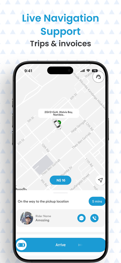 YetuYene Driver - YetuYene Driver app screen showing a map with live navigation to a rider pickup location