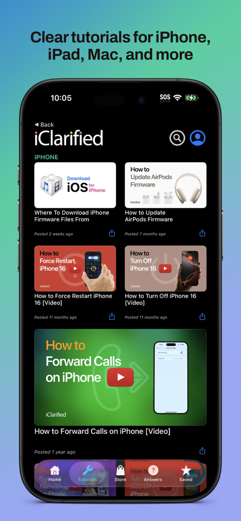 Uno screenshot della sezione tutorial dell'app iClarified che mostra guide su come fare per iPhone e AirPods in modalità scura.