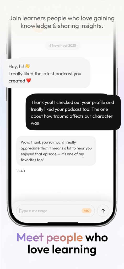 Podit app chat interface for users to meet and share learning insights