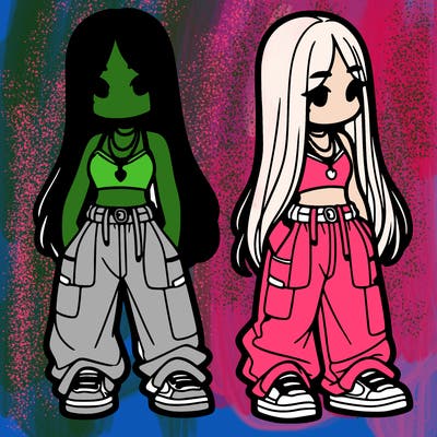 girl in baggy pants crop top and long hair