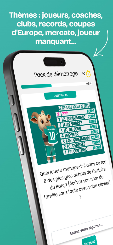 Quiz Football Club (Quiz FC) - A screenshot of the Quiz Football Club app showing a trivia question about FC Barcelona top transfers on an iPhone screen.