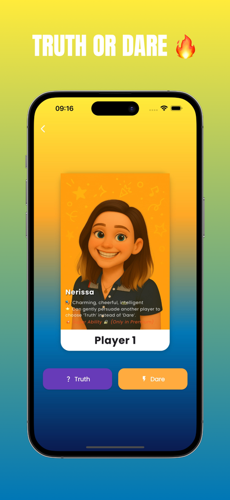 Truth or Dare game screen in FlipParty featuring a player profile card and truth or dare action buttons