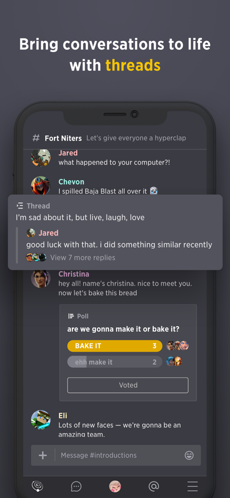 Guilded mobile app interface showing organized conversation threads and a group poll within a gaming community chat.