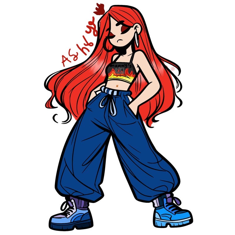 girl in baggy pants crop top and long hair