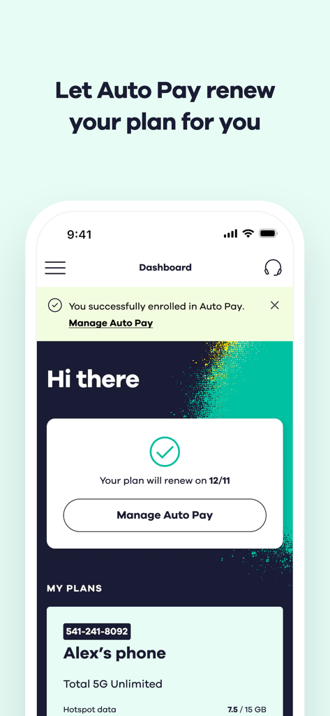 My Total Wireless: Account App - My Total Wireless app dashboard showing auto pay enrollment and plan renewal details
