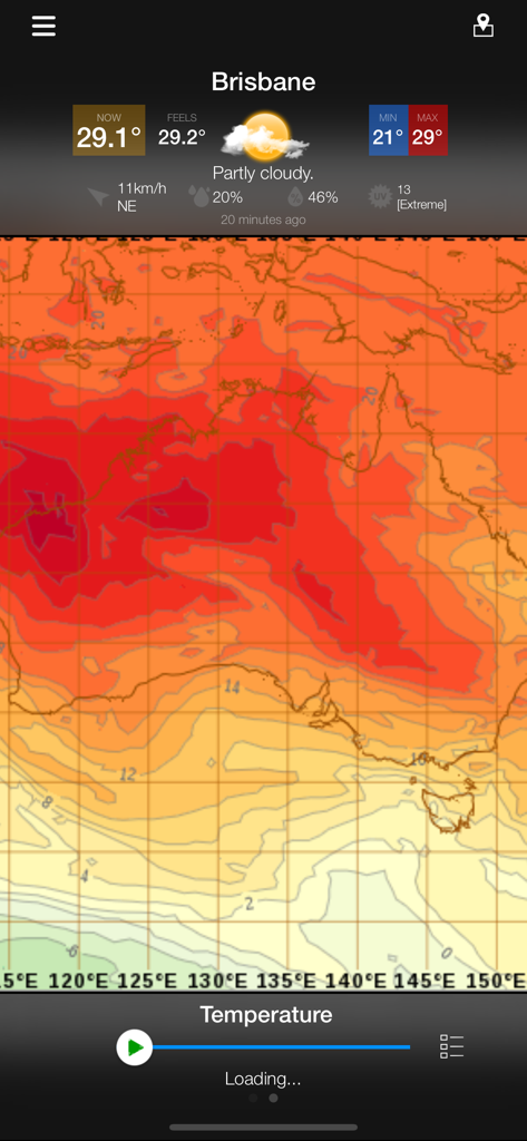 AUS Radar: WeatherAlert - AUS Radar WeatherAlert app displaying Brisbane weather data and an interactive temperature map of Australia