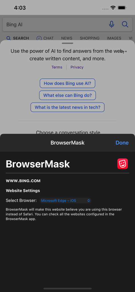BrowserMask for Safari - BrowserMask Safari extension interface on iPhone showing user agent selection for Bing website