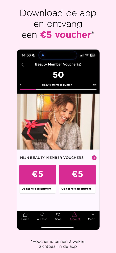 Écran de l'application ICI PARIS XL affichant les points de fidélité et les bons de récompense de membre beauté