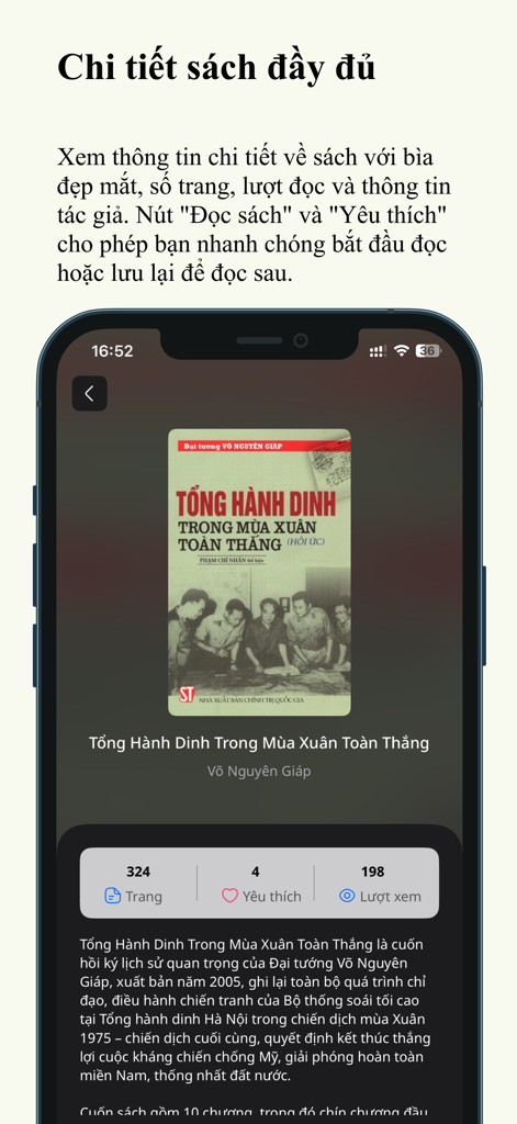 Interfaz de la aplicación VnBuk Premium que muestra información detallada de un libro electrónico vietnamita, incluyendo portada, número de páginas y descripción.