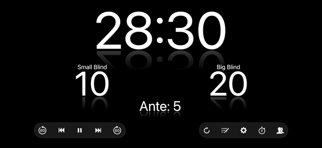 Digital poker tournament clock showing countdown timer and blind levels