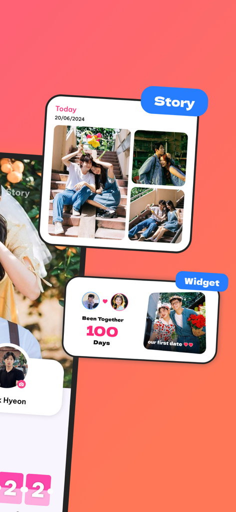 Digital scrapbook collage of a couple and a relationship counter widget showing 100 days together