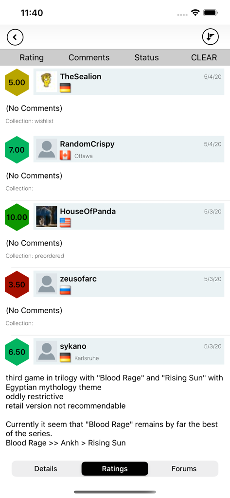 BGG BoardGames Information - Pantalla de la aplicación móvil que muestra calificaciones de juegos de mesa y comentarios de usuarios de la comunidad BoardGameGeek.