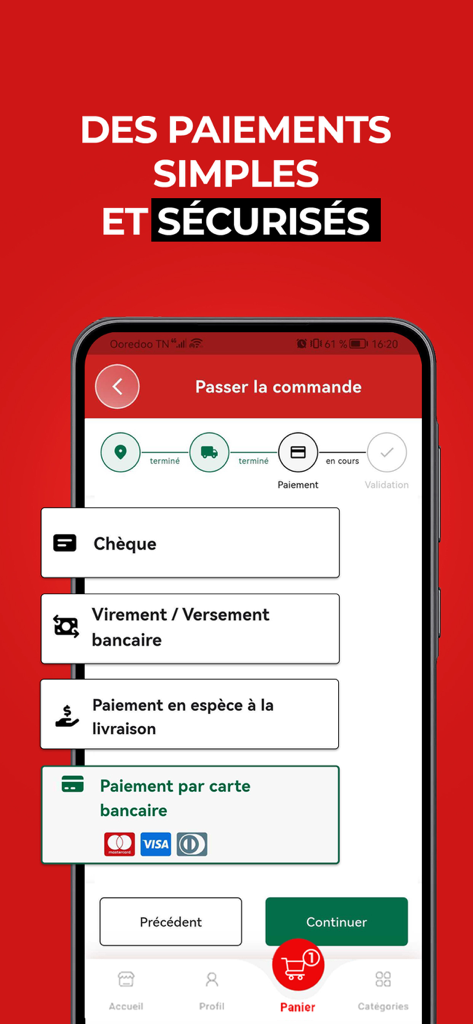 Mytek - Écran de paiement de l'application Mytek avec plusieurs méthodes de paiement sécurisées, y compris la carte de crédit et le virement bancaire.