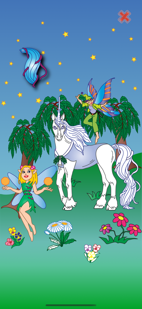 Gofun - Una colorida pantalla de juego de puzzles inspirados en Montessori con un unicornio y hadas en un prado estrellado