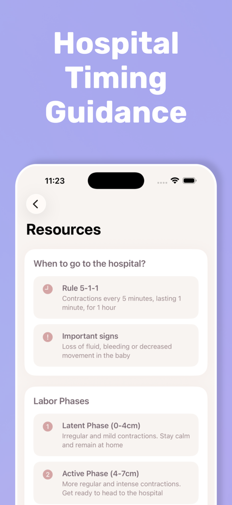 Contraction Timer: Pregnancy - Contraction Timer app resources screen displaying hospital timing guidance and labor phase descriptions