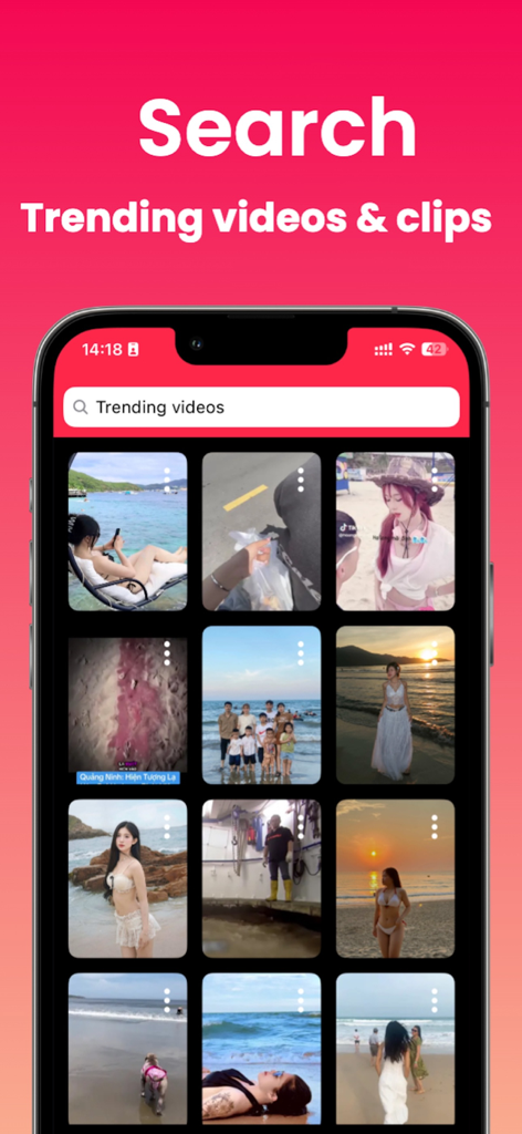 SnapTik app search screen showing a grid of trending videos and clips