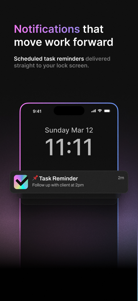 Blitzit App - Blitzit app task reminder notification on a smartphone lock screen showing a scheduled follow up with a client