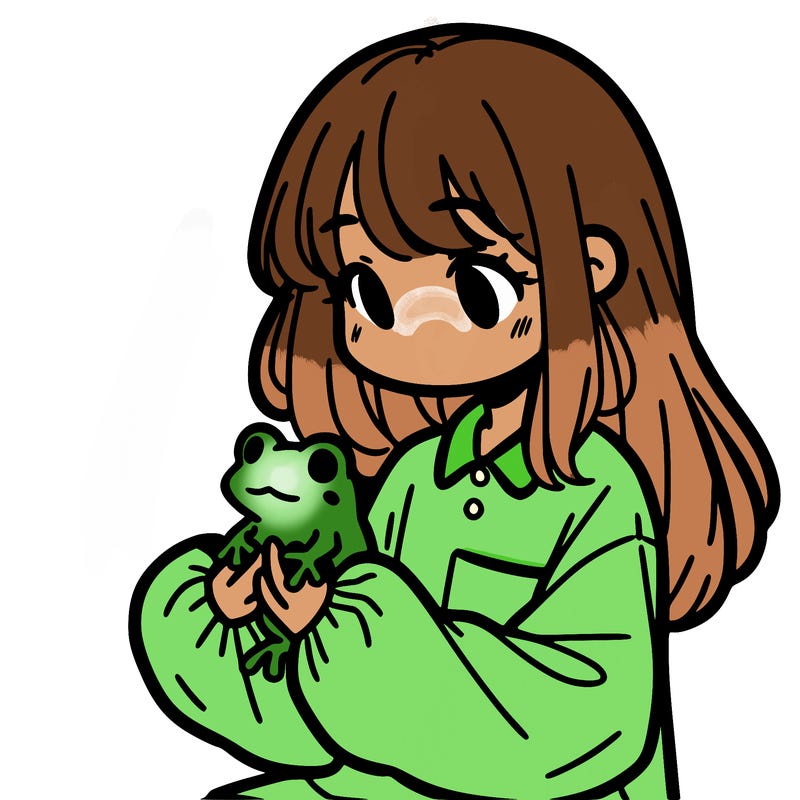 girl with long hair and a oversized shirt. and she is holding a frog