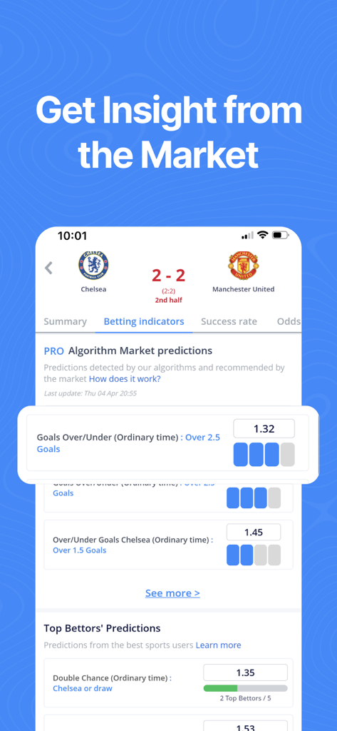 TIPSTOP: Sports Betting Tips - A screenshot of the TIPSTOP app displaying algorithm based market predictions and betting indicators for a Chelsea versus Manchester United soccer match.