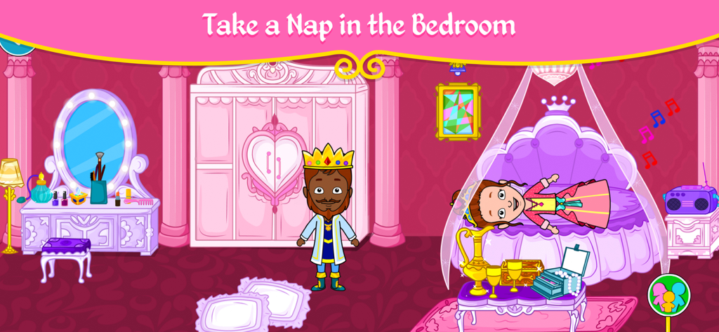 A royal bedroom scene from Tizi Magic Princess Games featuring a princess resting on a bed and a king character nearby.