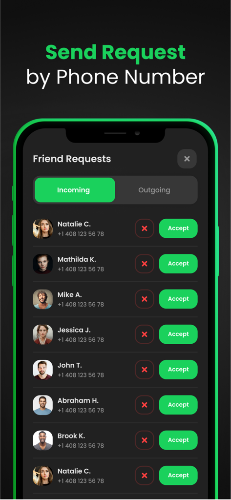Interfaz de la aplicación Rastreador de Ubicación por Número que muestra solicitudes de amistad entrantes con fotos de perfil y números de teléfono