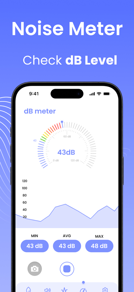 Clear Wave - Clear Water Eject - Noise meter interface in Clear Wave app showing decibel level gauge and sound graph