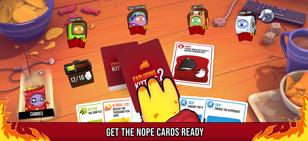 Exploding Kittens 2 gameplay showing digital cards and customizable player avatars in an online match