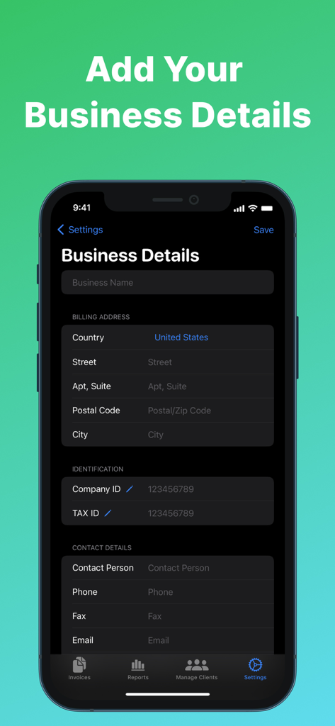 Simple Invoice Maker app screen for entering business name billing address and contact information