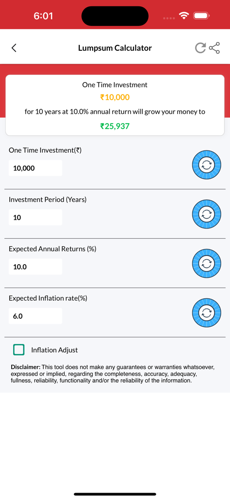AMEYA - AMEYA app lumpsum investment calculator interface showing projected returns in Indian Rupees