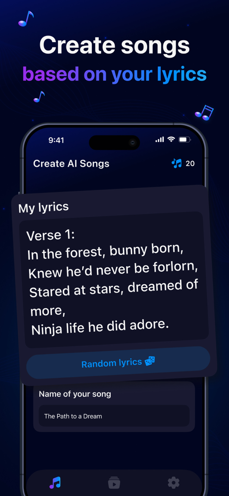 Muza AI: AI Song Creator - Interface of Muza AI app showing the lyrics input section for creating AI generated songs