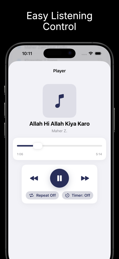 The audio player screen of the NoorSounds app featuring minimalist controls for Islamic Anashid music.