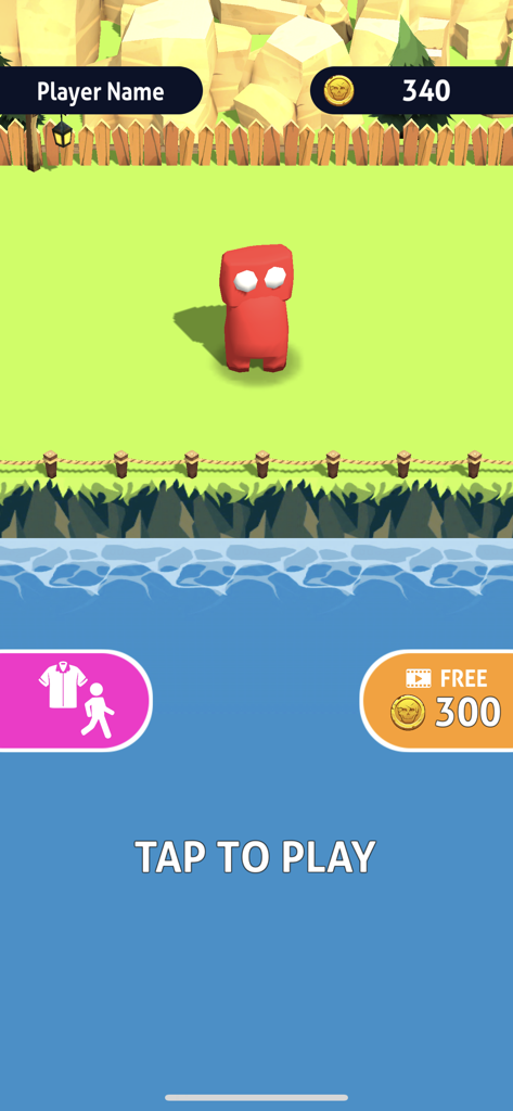 Main menu of the Imposter who The back rooms game featuring a red character on a grass field