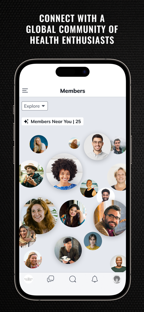 The Ultimate Human - The Ultimate Human app members screen featuring a global network of health enthusiasts