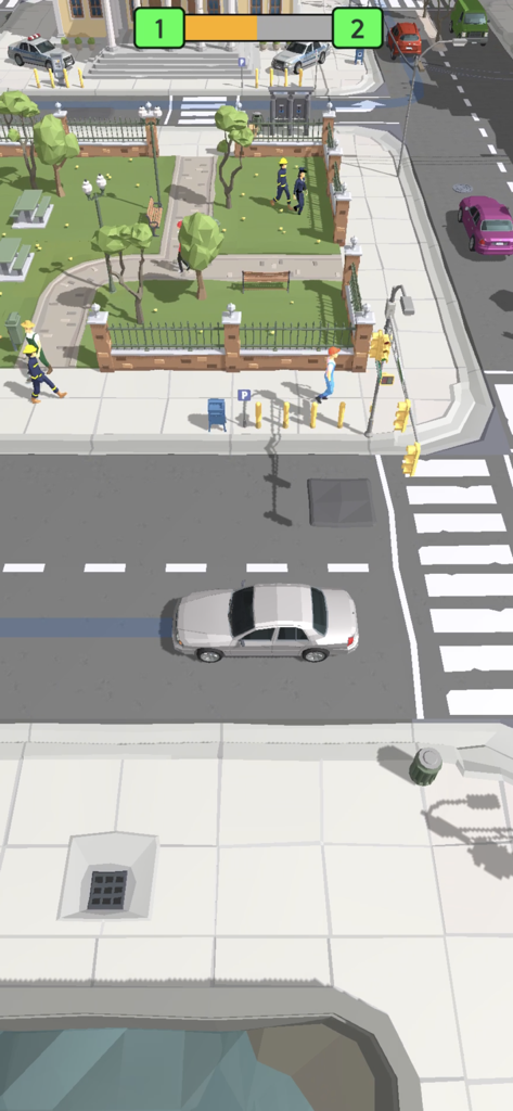 Pick Me Up 3D: Taxi Game - Un coche de taxi plateado conduciendo por una calle de la ciudad junto a un parque en Pick Me Up 3D