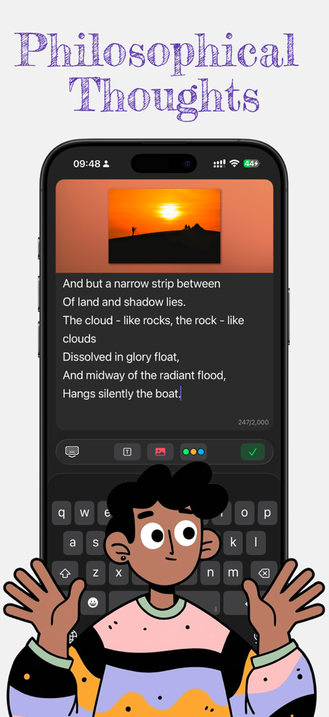 JustNote: Aesthetic Notes - Una entrada de nota minimalista en JustNote con una foto del atardecer y un poema bajo el título Pensamientos Filosóficos