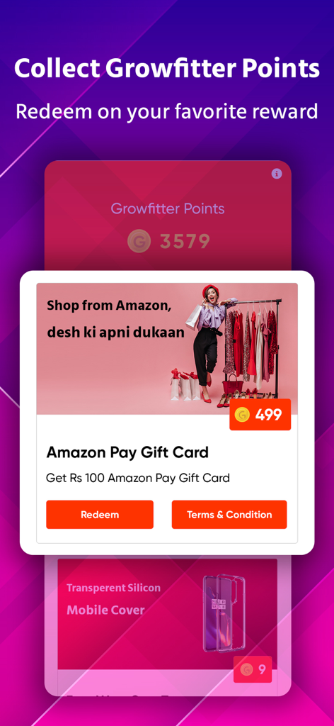 Growfitter - Growfitter app screen showing earned points and available rewards like Amazon gift cards.