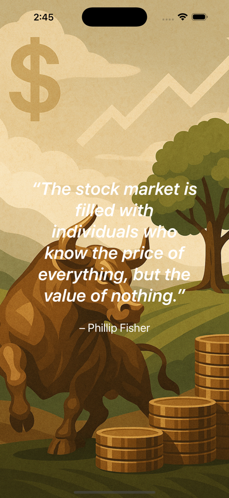 Earnings Whisper - Una ilustración de toro de bronce con una cita del mercado de valores de Phillip Fisher y monedas de oro.