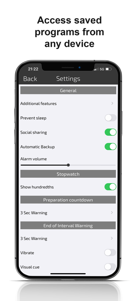 Gymboss Interval Timer - Settings menu of the Gymboss Interval Timer app showing options for automatic backup and alarm volume