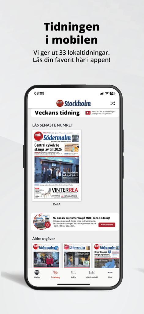 Lokaltidningen Mitt i - 스톡홀름 지역 뉴스가 포함된 Mitt i 앱의 전자 신문 섹션을 보여주는 스마트폰 화면