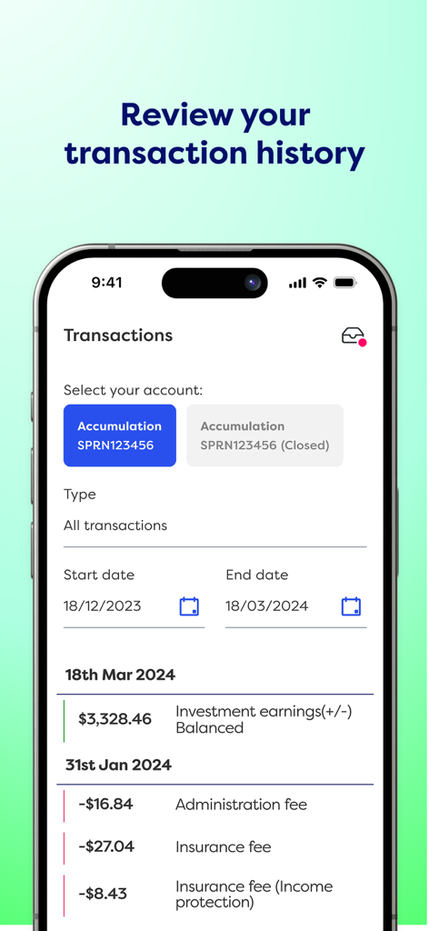 CareSuper - A mobile interface of the CareSuper app displaying a transaction history list including investment earnings and account fees