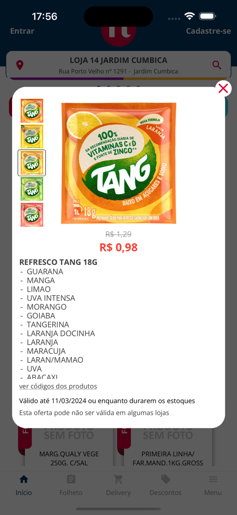 Meu Nagumo - Interface do app Meu Nagumo exibindo uma oferta especial de suco em pó Tang