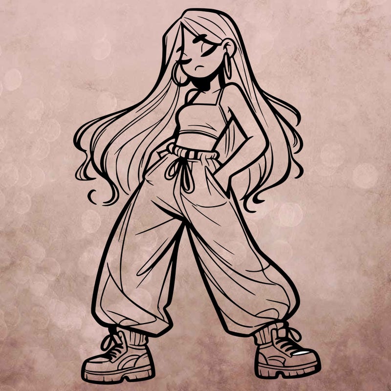 girl in baggy pants crop top and long hair