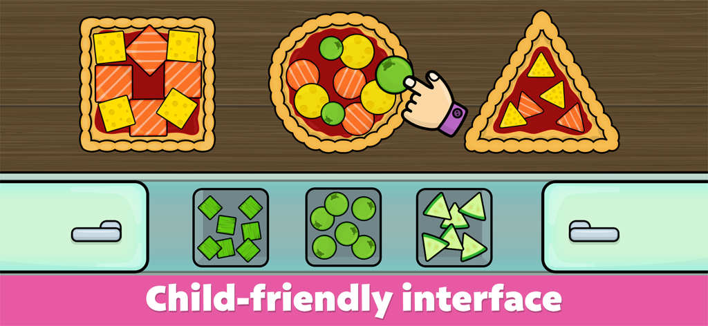 Schermata di gioco educativa per bambini che smistano gli ingredienti della pizza in base alle forme di quadrato, cerchio e triangolo.